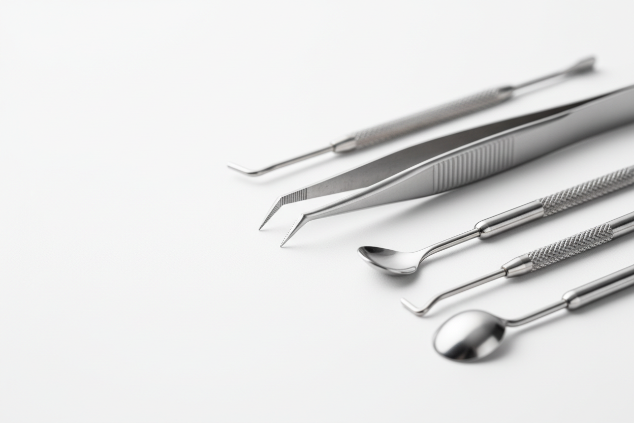 gros plan sur des accessoires premium( pince a epiler, cure oreilles inoxydable) poses sur un fond blanc élégant. style: minimaliste, professionnel, avec rendu "outil de précision". but monter la fiabilité et la qualité des accessoires