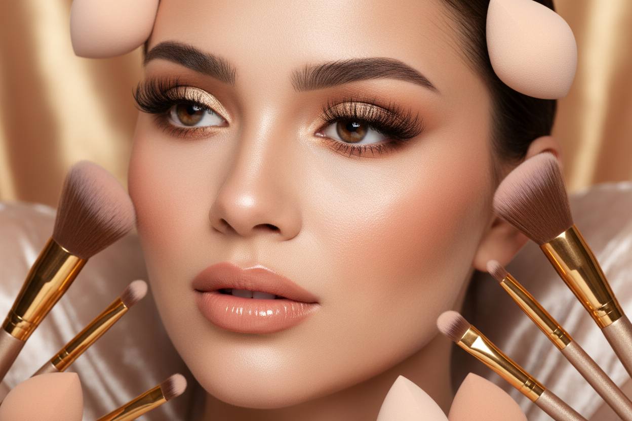 Type d’image : portrait mettant en avant des faux cils glamour ou un maquillage naturel avec pinceaux et éponges. - Style : look moderne, couleurs chaudes, accent sur les yeux. - But : séduire les clientes en montrant le résultat final (regard intense et raffiné). Format: 1200x100 px. 