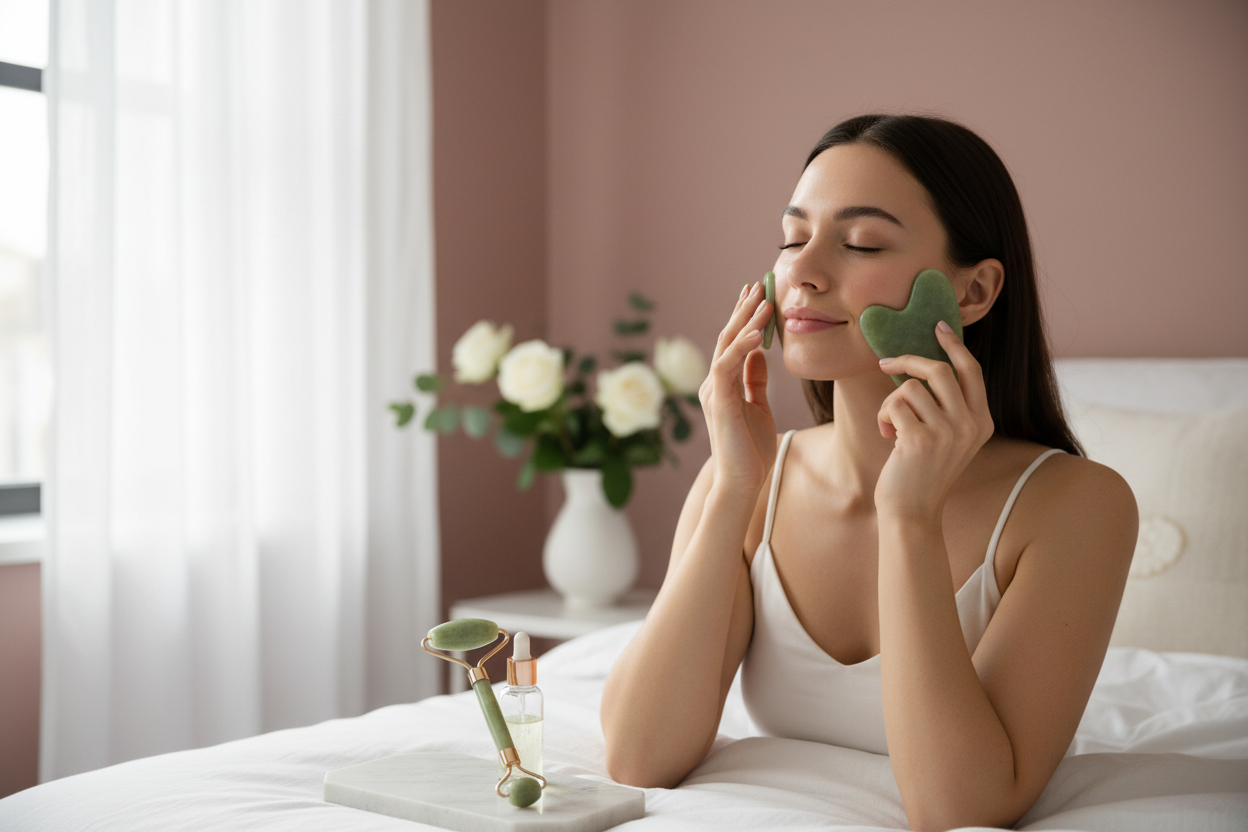 Type d’image : une photo lifestyle montrant une personne utilisant un gua sha ou un rouleau de massage. - Style : ambiance douce, lumière naturelle, couleurs pastel (rose, blanc, vert jade). - But: inspirer confiance et mettre en avant l’effet bien être et anti âge. Format: 1200x1000 px.